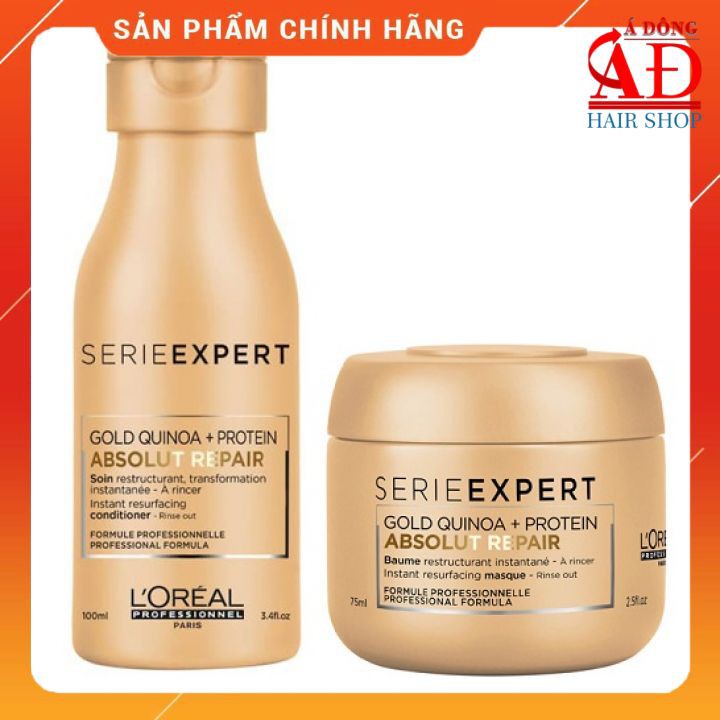 BỘ KIT DẦU GỘI Ủ LOREAL VÀNG GOLD QUINOA ABSOLUT REPAIR CHĂM SÓC TÓC KHÔ HƯ TỔN 100ml/75ml New 2022