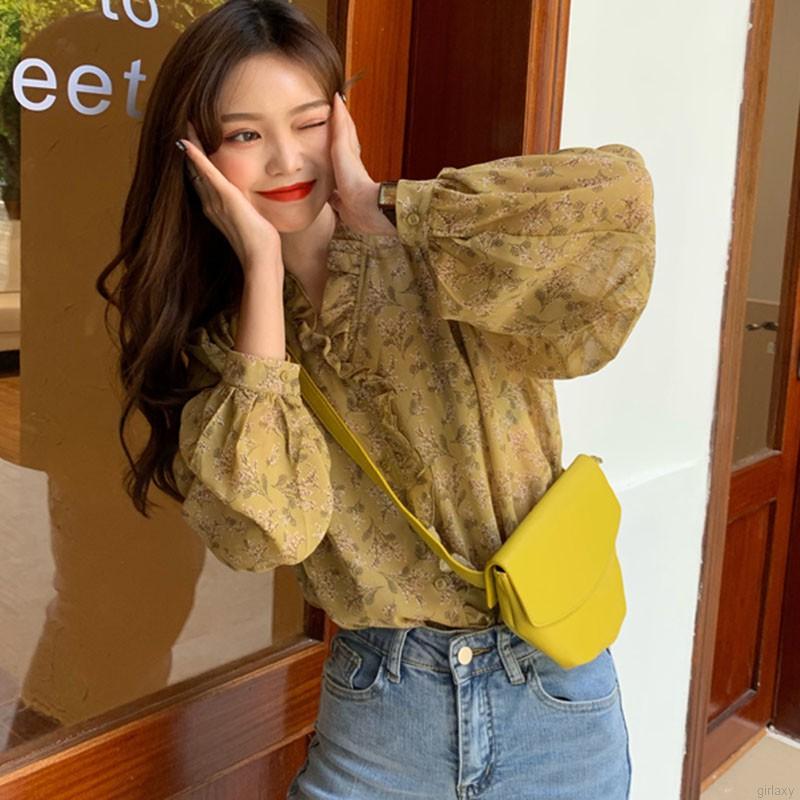 Áo nữ vải chiffon dáng rộng tay bo phồng họa tiết hoa duyên dáng phong cách Hàn