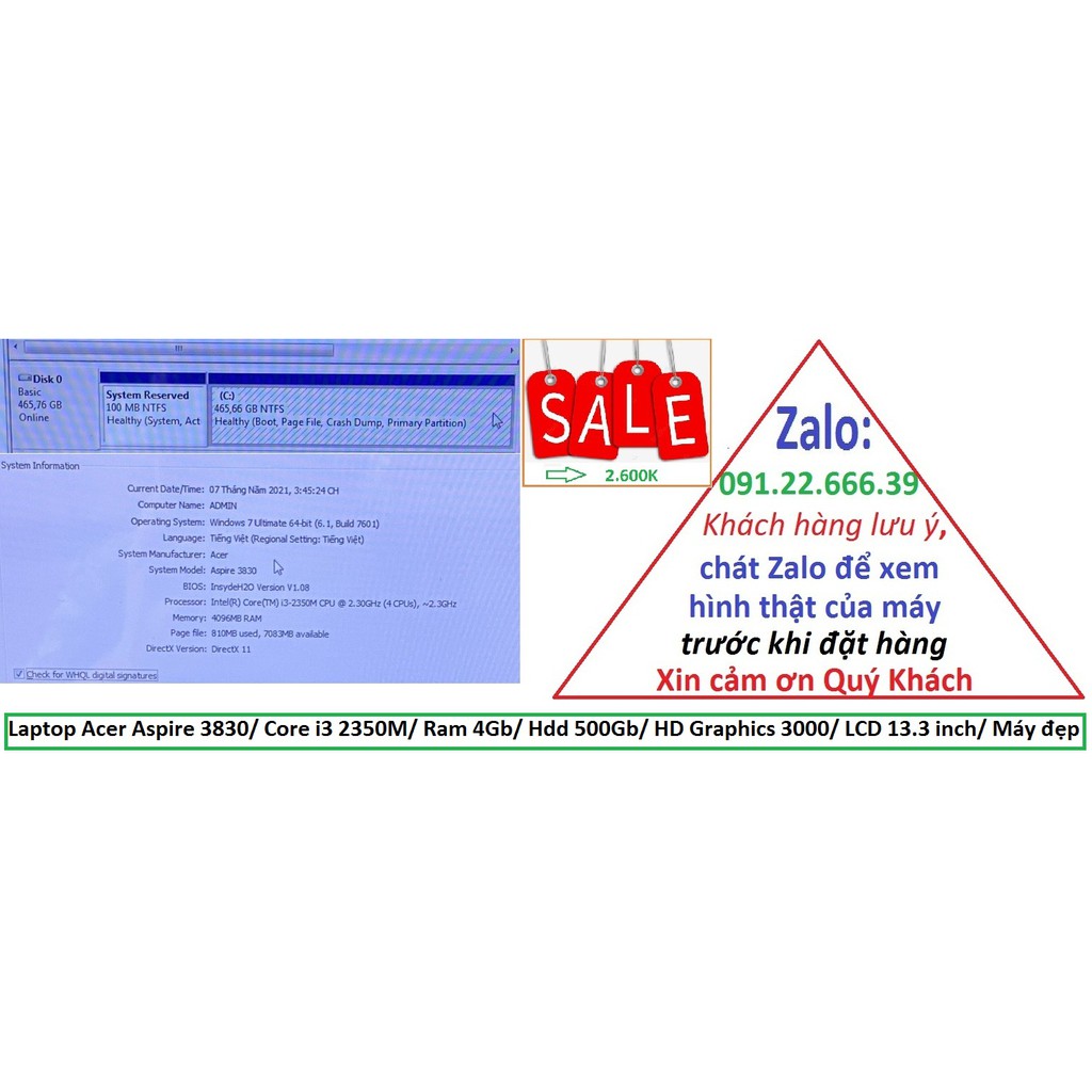 Laptop Acer Aspire 3830/ Core i3 2350M/ Ram 4Gb/ Hdd 500Gb/ HD Graphics 3000/ LCD 13.3 inch/ Máy đẹp | BigBuy360 - bigbuy360.vn