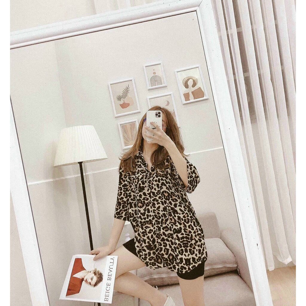 Sét bộ áo sơ mi form rộng da beo phối quần thun ngố trơn body cực hot
