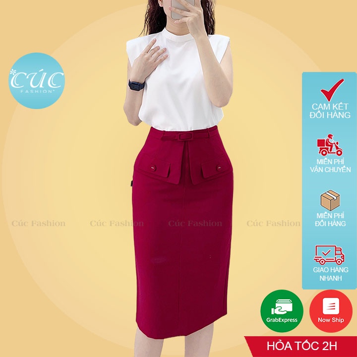 Chân váy công sở CÚC FASHION đầm nữ bút chì dáng ôm body cao cấp dài qua gối xẻ thời trang đẹp đen đi học đai cong CV836