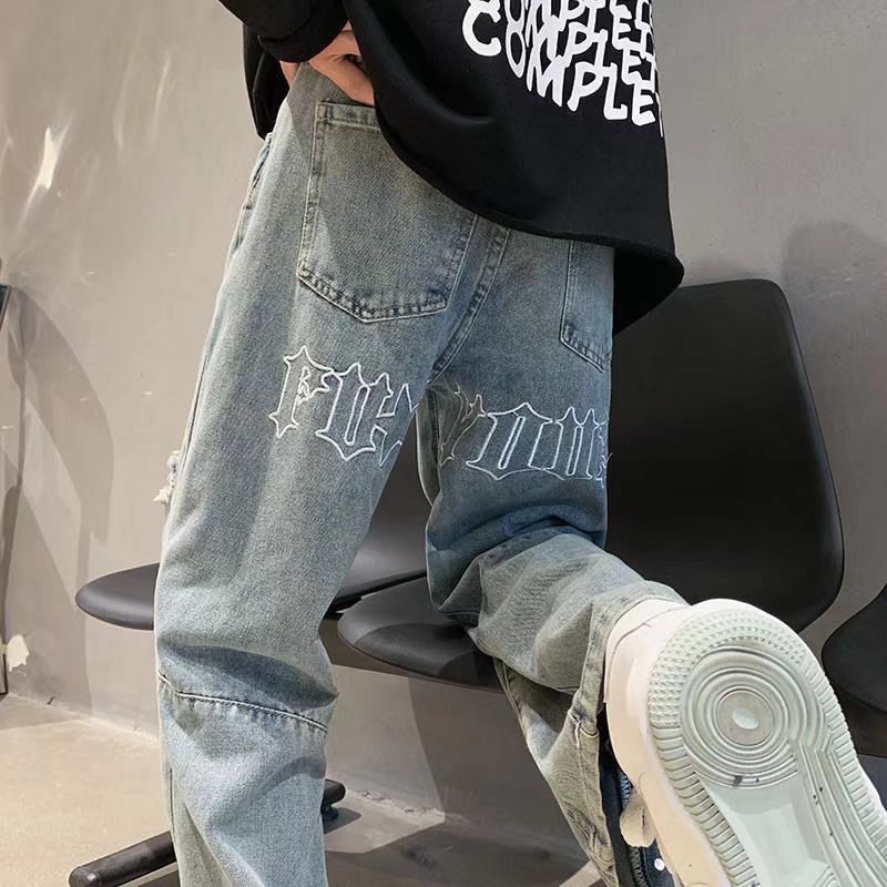 Quần jeans Dài Lưng Cao Ống Rộng Rách Gối Thời Trang Hàn Quốc Cho Nam Nữ Thư thêu quần jean unisex Quần jean thẳng chất lượng