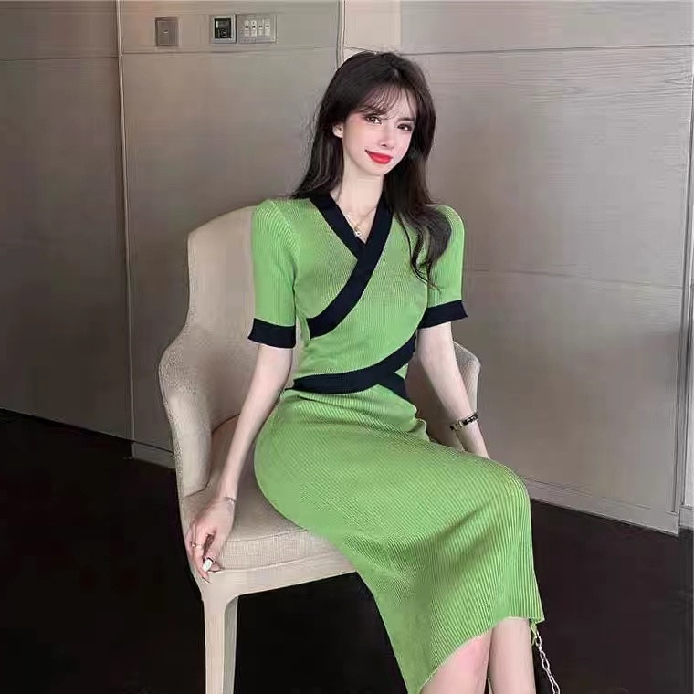 Đầm dệt kim SUXI cổ chữ V tay ngắn màu sắc đơn giản thời trang mùa hè dành cho nữ