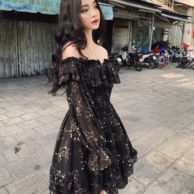 Đầm Trễ Vai Hoa Xoè Ullzang
