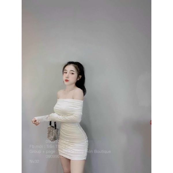 Đầm body nhún trễ vai tay dài