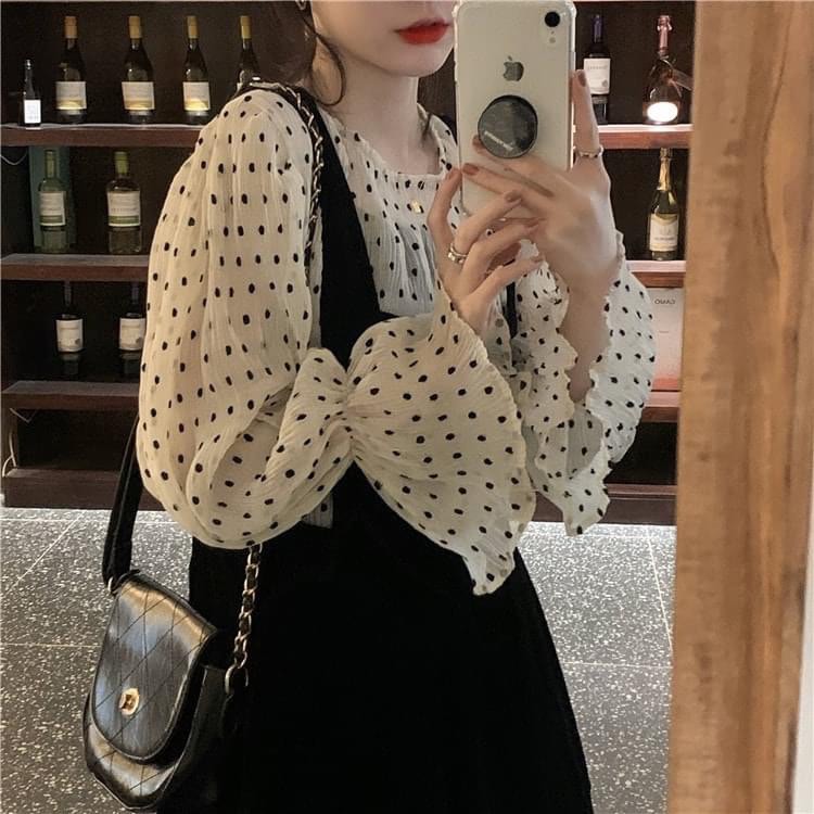 Set váy nhung áo châm bi ULZZANG thời trang nữ Hàn Quốc, váy yếm áo ren