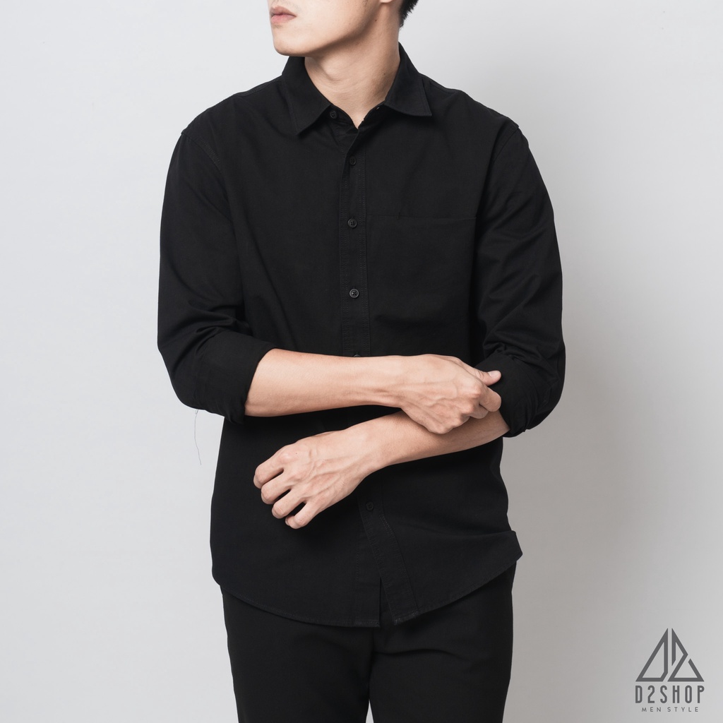 Áo sơ mi nam D2shop, áo sơ mi dài tay nam, vải xéo, túi mổ, màu đen