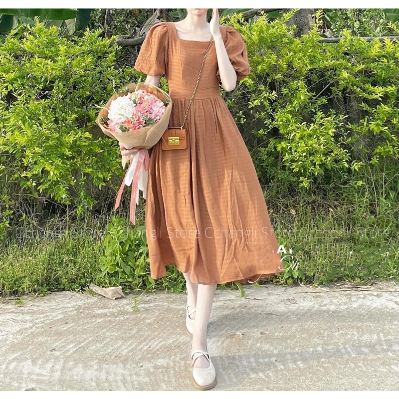 Váy midi 2 lớp tay bồng
