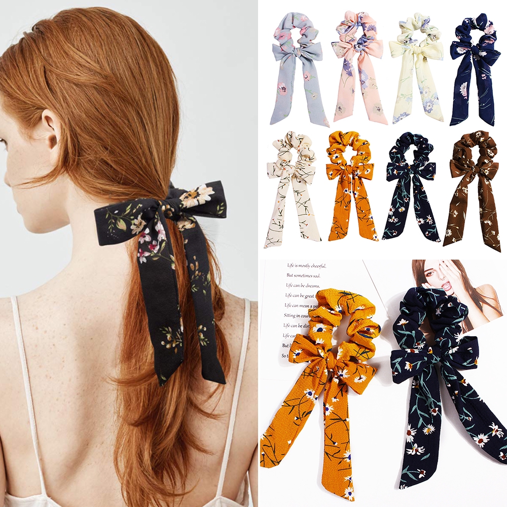 MOILY Sweet Bow Streamers Hair Ring Fashion Floral Print Ribbon Scrunchie Elastic Horsetail Headbands