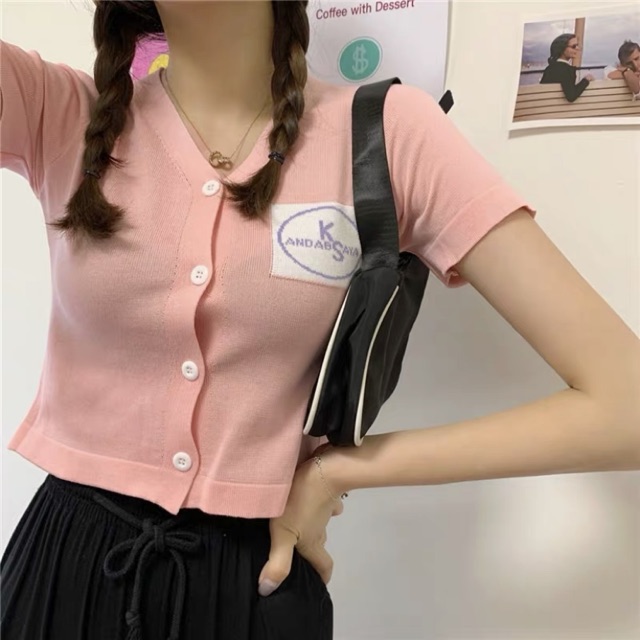 Áo len mỏng croptop ngực huy hiệu 9549 Ulzzang style Hàng Quảng Châu