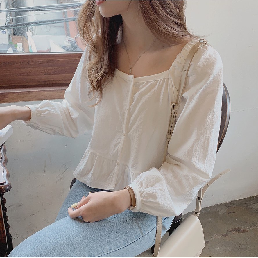 Áo kiểu tay dài màu trơn cổ vuông thời trang dành cho nữ 36442