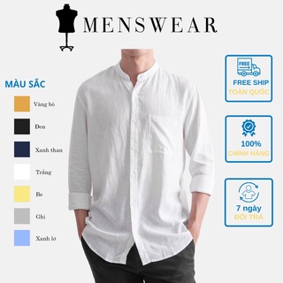 Áo sơ mi nam cổ tàu vải đũi thoáng mát, form slim fit thời trang công sở.