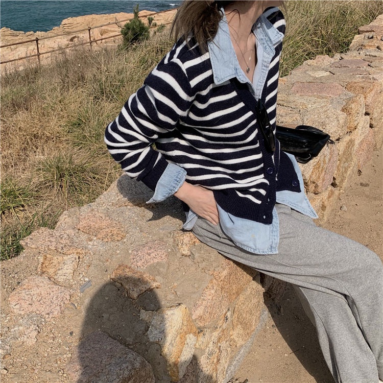 Áo khoác cardigan dệt kim mỏng dáng rộng kẻ sọc phong cách Hàn Quốc tùy chọn màu sắc xinh xắn cho nữ