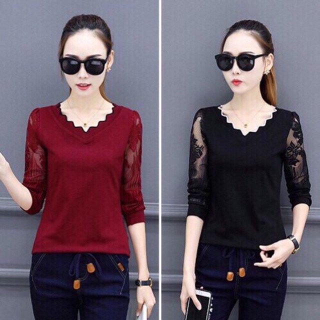 Áo cổ ziczac tay phối ren