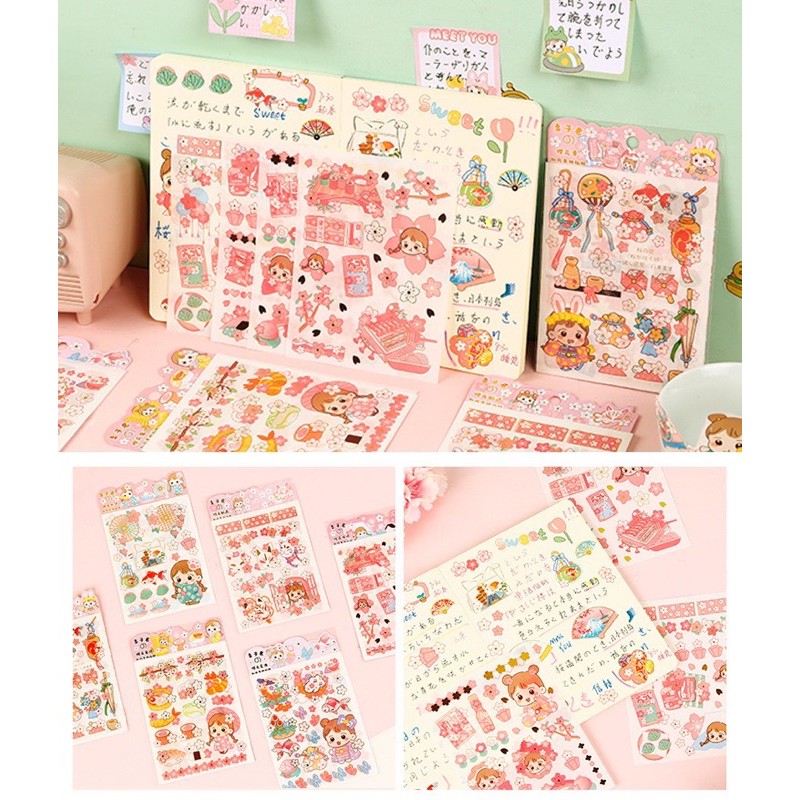 Set 04 tờ stickers ánh kim đáng yêu bé gái Nhật bản hoa sakura anh đào sẵn hàng siêu rẻ