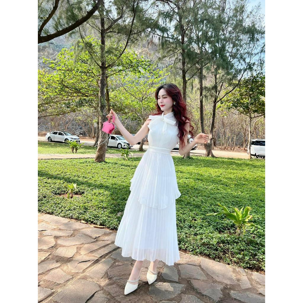 Set bộ đồ nữ tiểu thư sang chảnh với áo nơ cổ tơ xốp sọc mix chân váy voan dập ly form dài dành cho các nàng