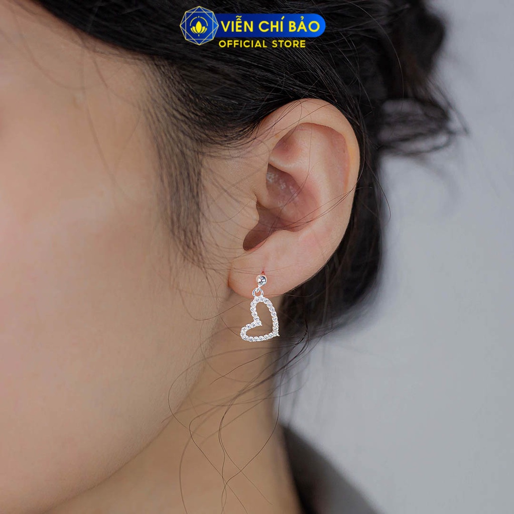 Bông tai bạc nữ tim đính đá treo chất liệu bạc 925 thời trang phụ kiện trang sức Viễn Chí Bảo B400763