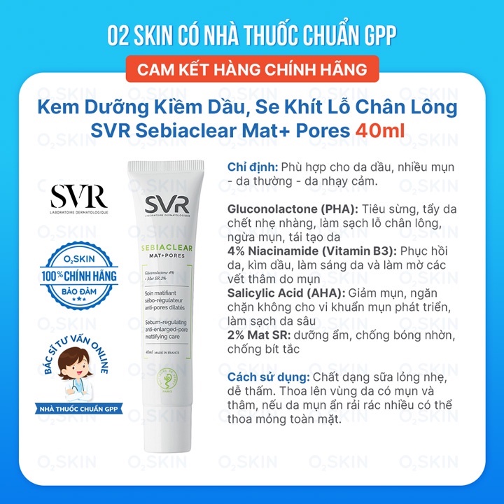 Kem Kiềm Dầu, Se Khít Lỗ Chân Lông, Giảm Thâm SVR Sebiaclear Mat + Pores 40ml Phù Hợp Cho Da Mụn