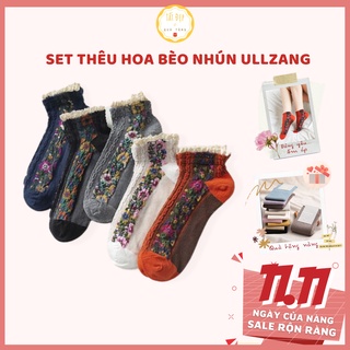 Tất vớ nữ cổ ngắn set 5 đôi tất SPRING FLOWERS ullzang cổ bèo nhún thêu hoa