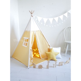 Lều vải cho bé màu vàng, vải 100% cotton linen, Lều vải thổ dân, Teepee Tent with stabilizer