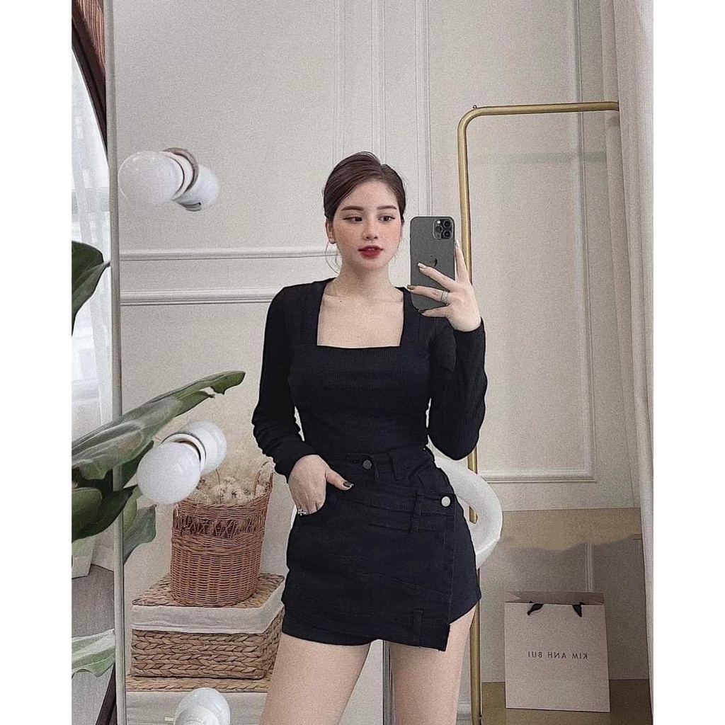 [ÁO KIỂU] Áo Thun Tăm Nữ Tay Dài Cổ Vuông, Cotton Ôm Body Mix Chân Váy Quần Siêu Xinh