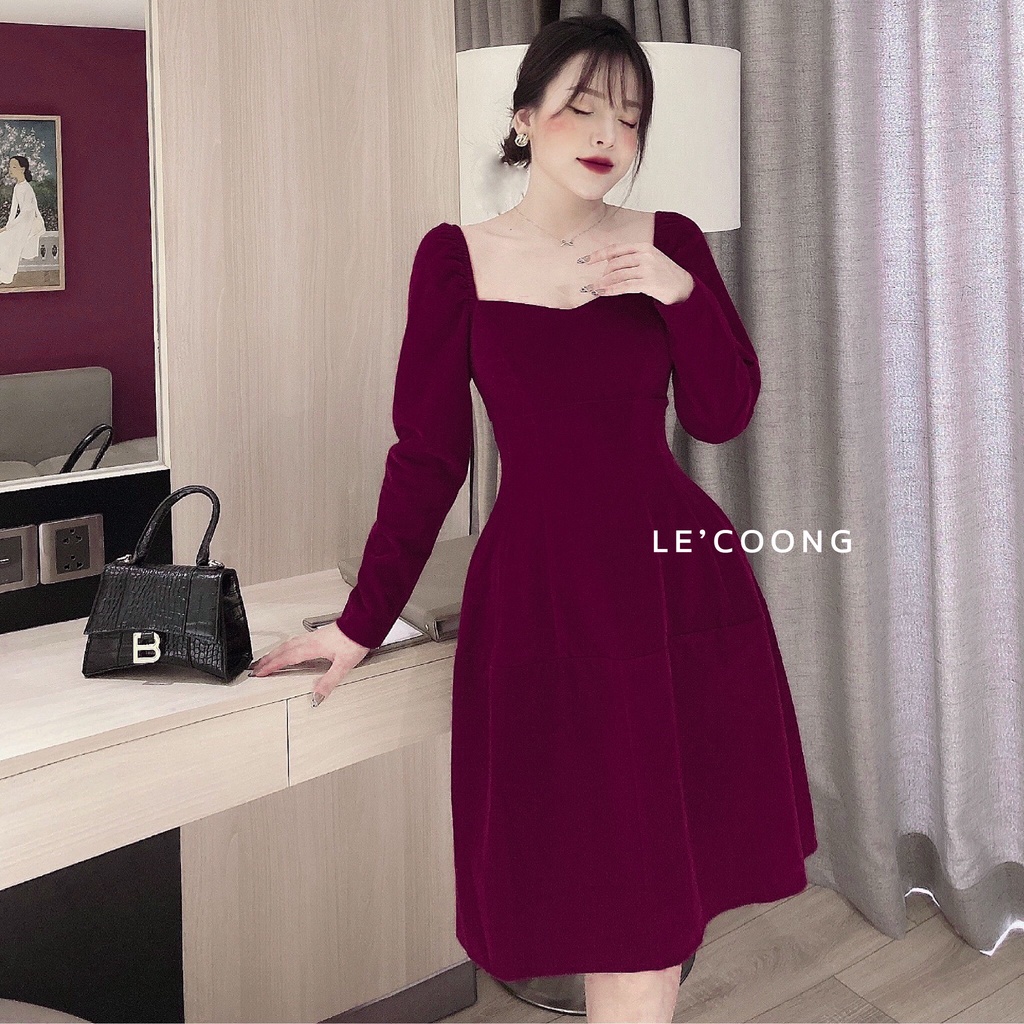Váy Nhung Đỏ Đầm Nữ Thiết Kế Dài Tay Dành Cho Mùa Đông Chân Váy Chữ A Dài Qua Gối Thích Hợp Mặc Đi Tiệc Đi Chơi_Le’Coong