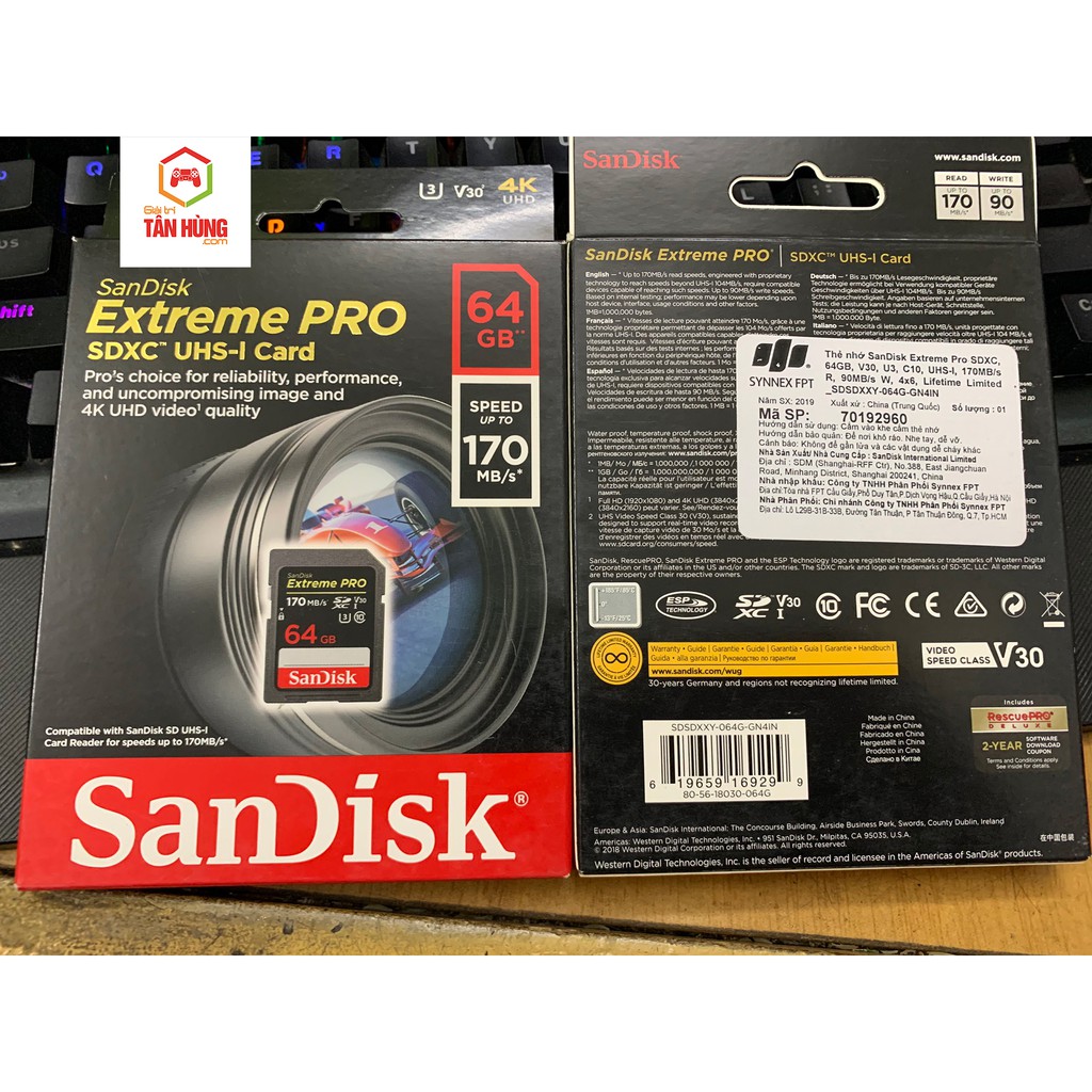 Thẻ nhớ SanDisk Extreme PRO SDXC 32Gb 64Gb UHS-I U3 4K V30 170MB/s - Model 2019 Hàng Công ty