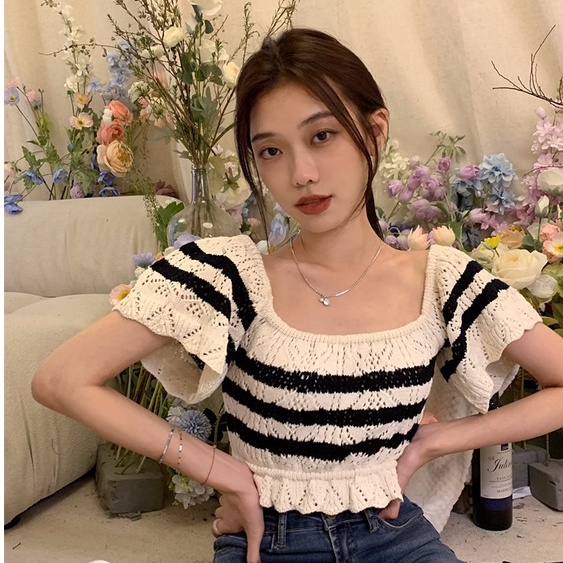 Áo Dệt Kim Ngắn Tay Họa Tiết Kẻ Sọc Thời Trang Hàn Quốc Cho Nữ
