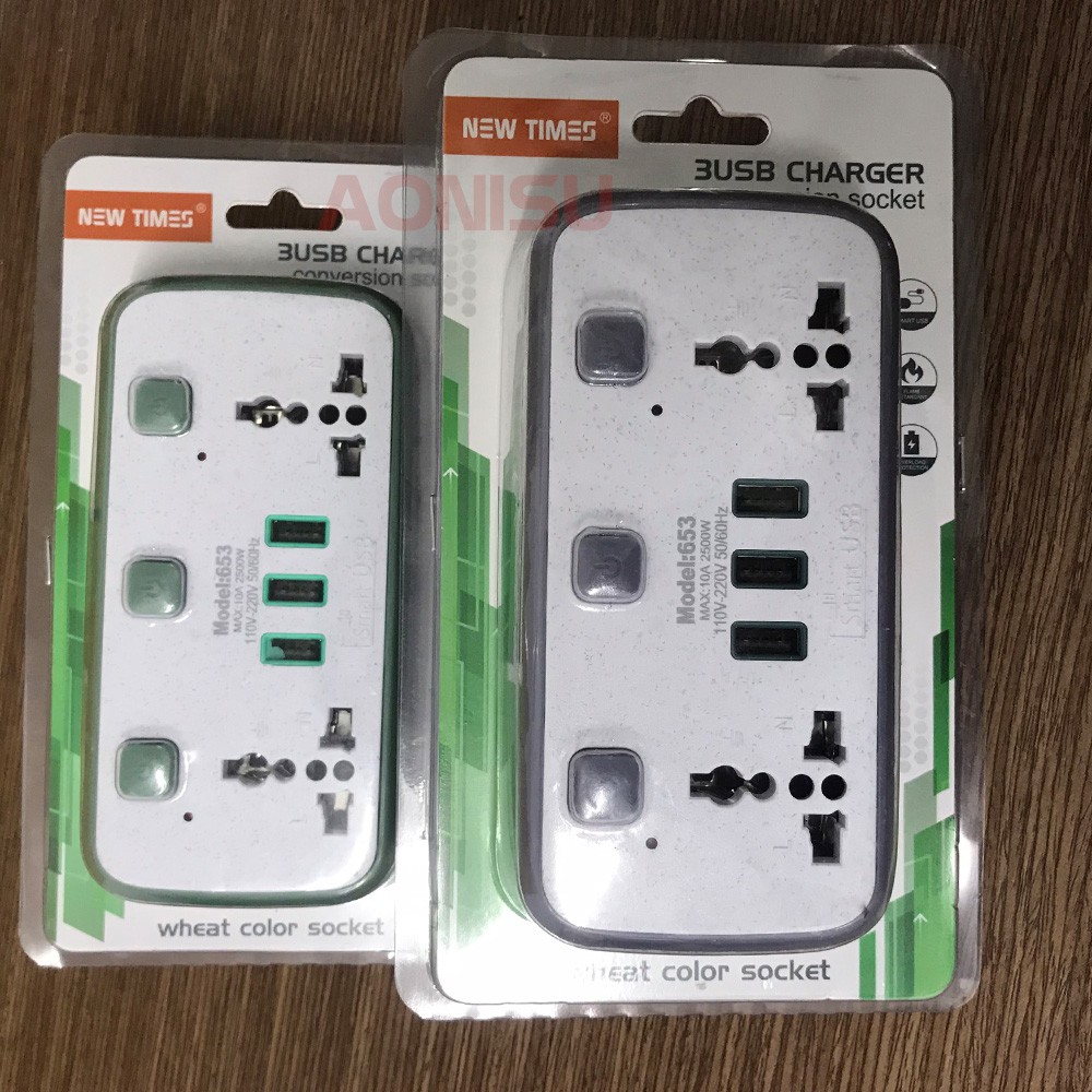 (653) Ổ Cắm Điện Thông Minh Không Dây - 3 Cổng USB, 2 Phích Cắm 3 Chấu, Phích Cắm Điện Đa Năng, Đồ Điện Gia Dụng AONISU