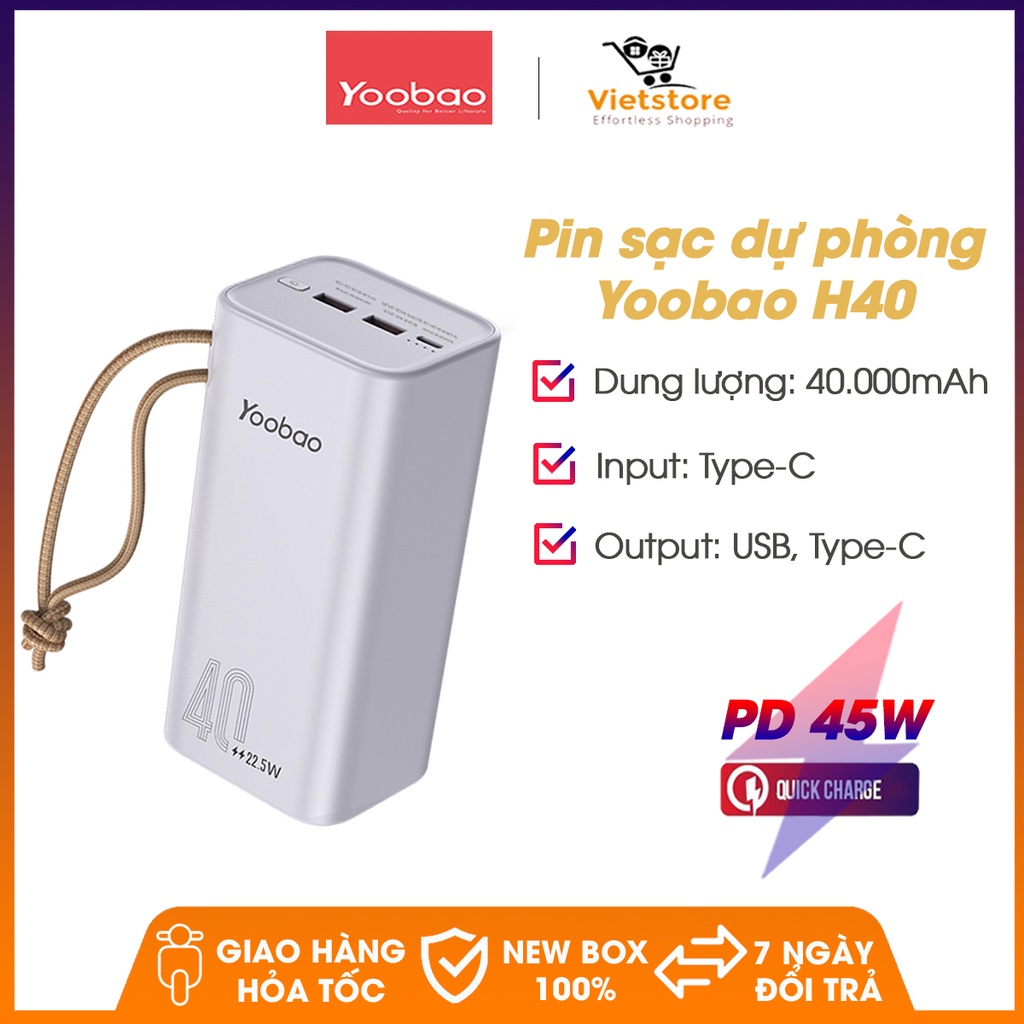 [ Chính hãng ] Pin sạc dự phòng Yoobao H40, dung lượng 40000mAh, công suất 45W sạc nhanh  điện thoại , macbook, laptop