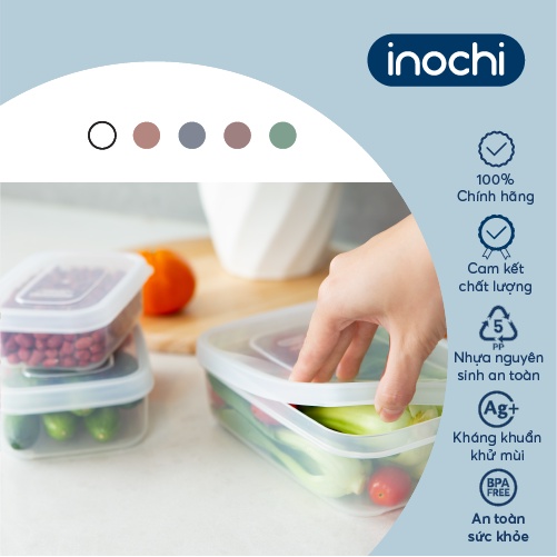 Bộ 6 hộp thực phẩm chữ nhật Inochi-Hokkaido 500-750-1000-1500-2000-2500ml nhiều màu