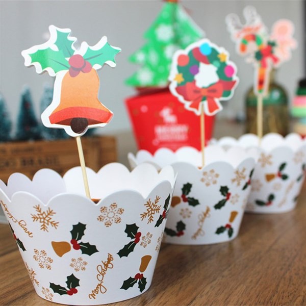 Set 12 bọc cupcake + 12 que cắm GS Noel - Phụ kiện trang trí bánh sinh nhật