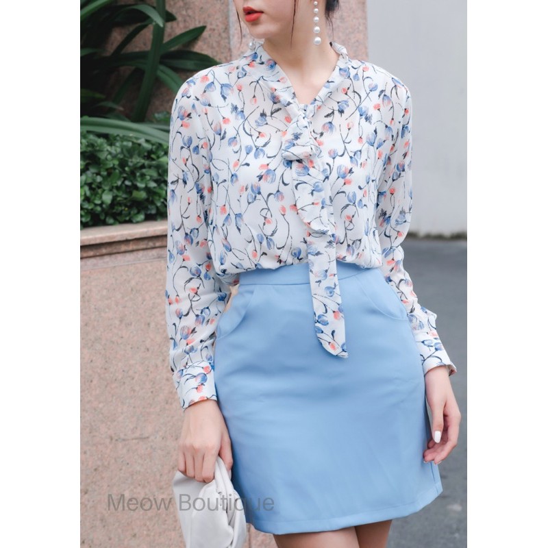 [Mã FATHANG5 giảm 10K đơn 50K] [Hình thật tự chụp] Sơ mi tay dài cổ nơ họa tiết Meow Boutique
