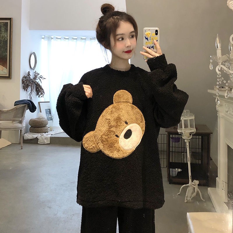 Bộ ngủ bông dài tay cute cho nữ form thụng hình đáng yêu, chất lông mềm mịn 2 mặt, dày dặn siêu ấm