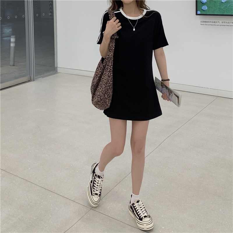 Đầm ngắn tay cổ tròn dáng rộng thời trang Hàn Quốc tùy chọn màu sắc