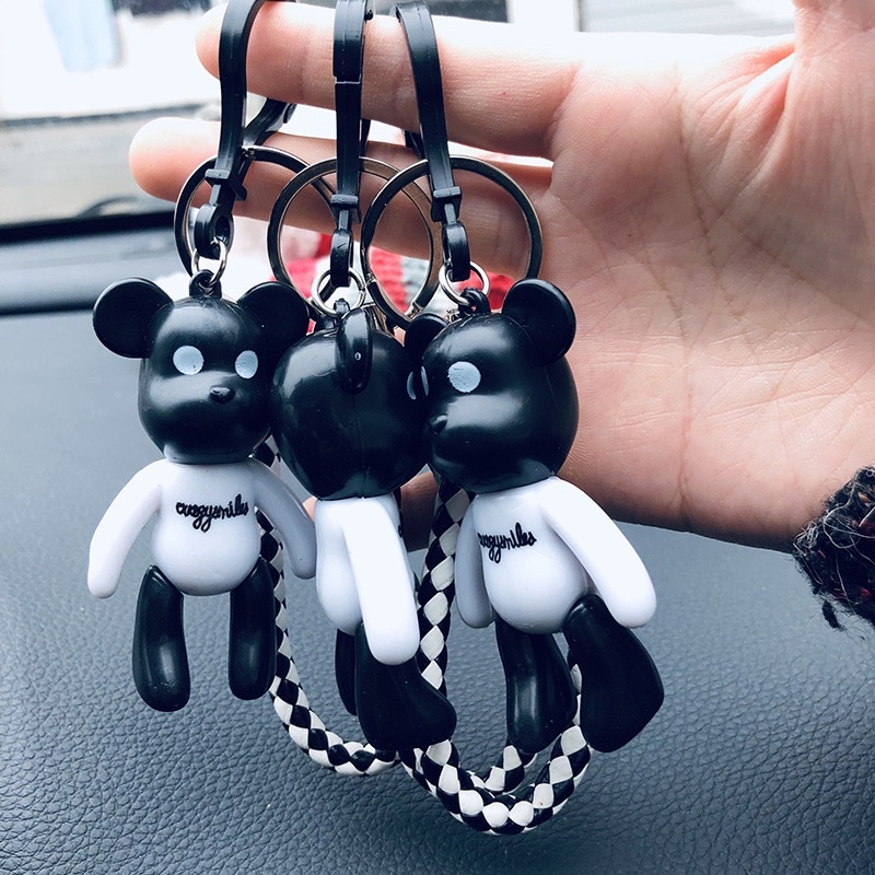 Móc khóa gấu Popobe Trắng đen (Kèm dây da) phụ kiện xinh cho túi xách balo