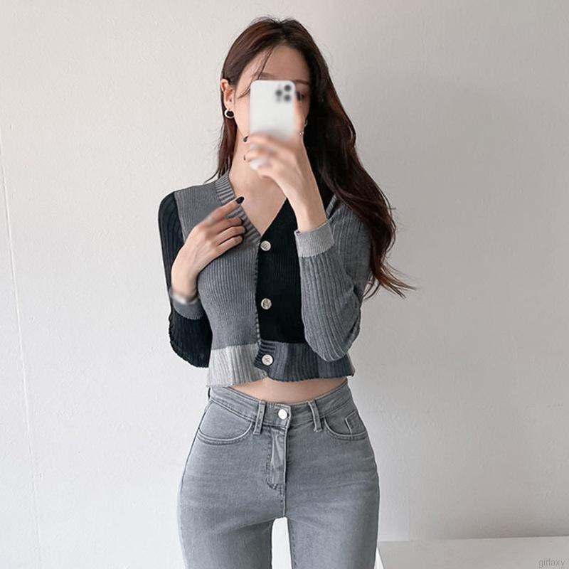 Áo Cardigan Dệt Kim Tay Dài Cổ Chữ V Màu Sắc Tương Phản Phong Cách Hàn Quốc Cho Nữ