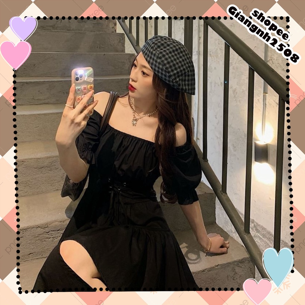 V019 Váy nữ dáng xòe xẻ chân thắt nơ eo tiểu thư, đầm dài dáng xòecổ vuông tay bồng đen trắng bánh bèo nữ tính