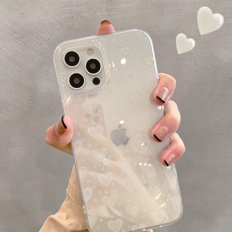 Ốp điện thoại trong suốt họa tiết trái tim 3d màu laser cho IPHONE 13 PRO MAX 12 11 P