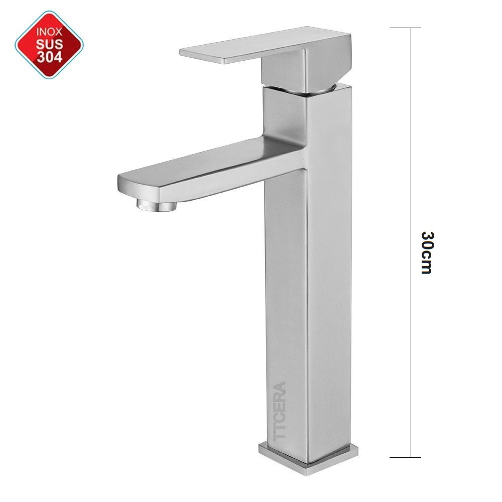 Vòi chậu rửa mặt, vòi Lavabo nóng lạnh thân vuông chất liệu Inox 304 mờ loại cao 20cm và 30cm + Tặng kèm dây cấp nước