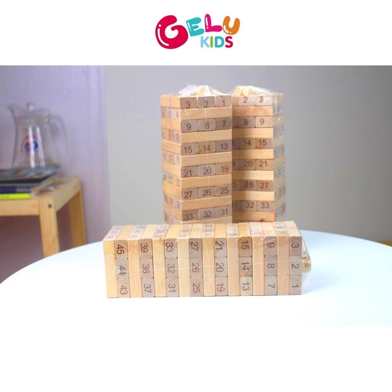 Bộ rút gỗ xếp hình Domino Montessori hình khối đồ chơi lắp ráp 54 thanh an toàn rèn luyện trí thông minh cho trẻ