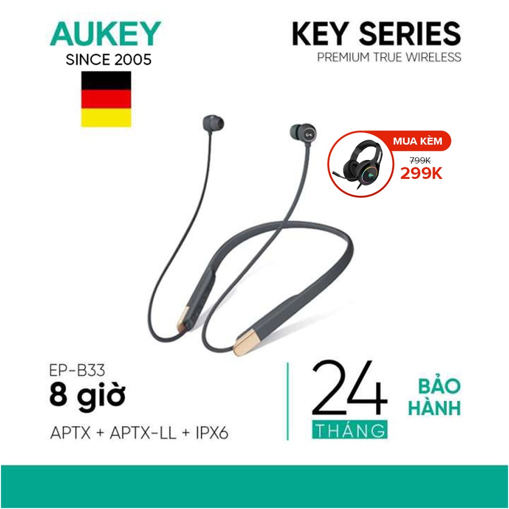 Tai Nghe Bluetooth AUKEY EP-B33 - aptX/aptX-LL - 10mm Driver Graphene,Kháng Nước IPX6 - Hàng Chính Hãng