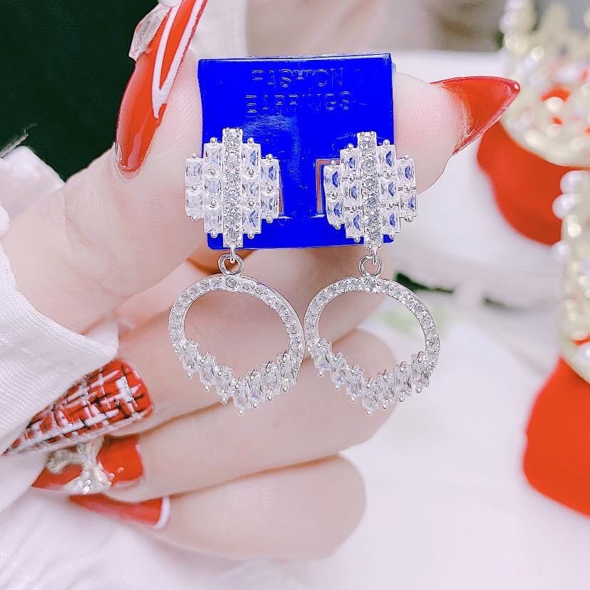 Bông tai bạc nữ kiểu thả hình tròn đính đá nhân tạo - Trang sức bạc Evasilver