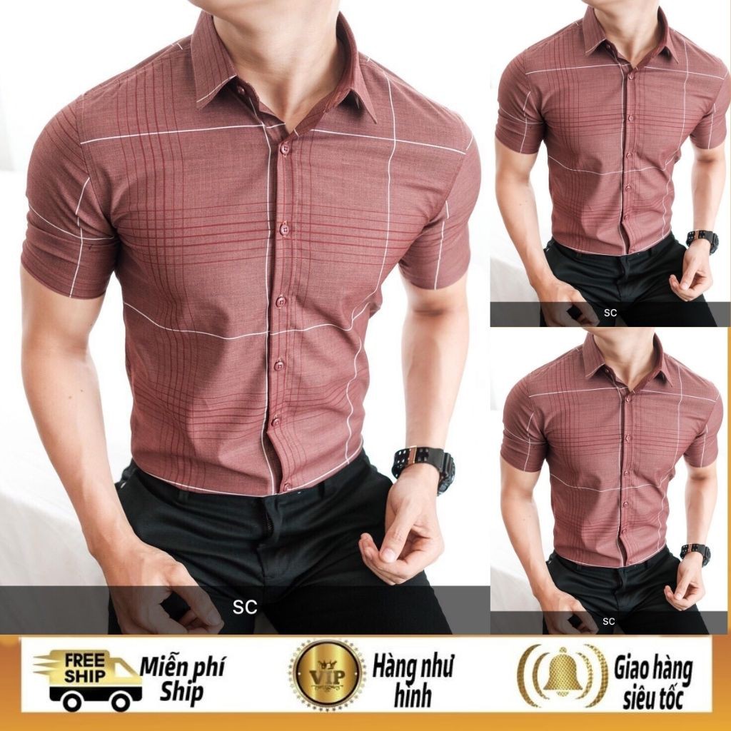 Áo Sơ Mi Nam Tay Ngắn Sọc Caro DR99DT Phong Cách Cá Tính DDQ FOUR