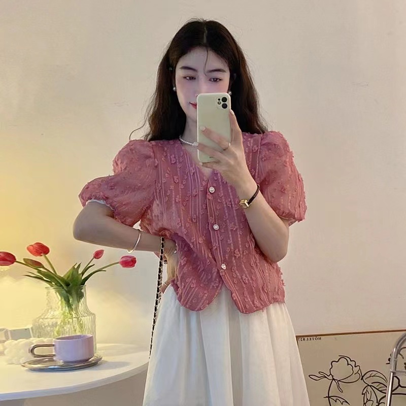 Áo Kiểu Tay Phồng Ngắn Cổ Chữ v In Họa Tiết Hoa Thời Trang Cho Nữ