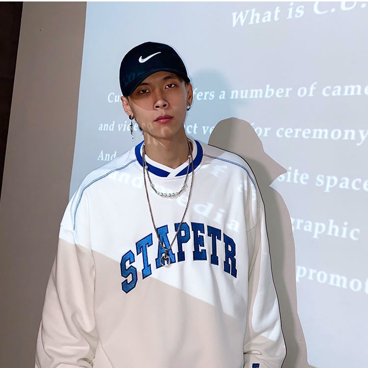 Áo nỉ sweater cổ tròn dáng rộng thêu chữ cá tính cho nam mùa xuân năm 2021