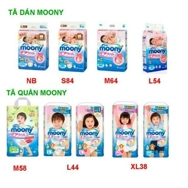 Bỉm Dán/Quần MOONY size NB90/S84/M64/L54/L44/M58/Xl38