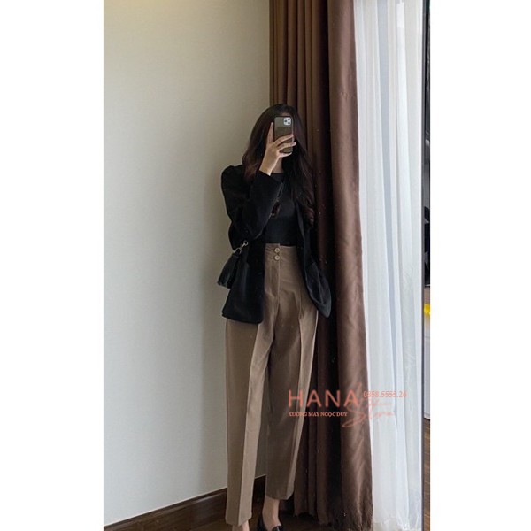 Quần baggy nữ cạp liền lưng cao tây âu công sở 2 khuy dáng dài vải đen trắng be