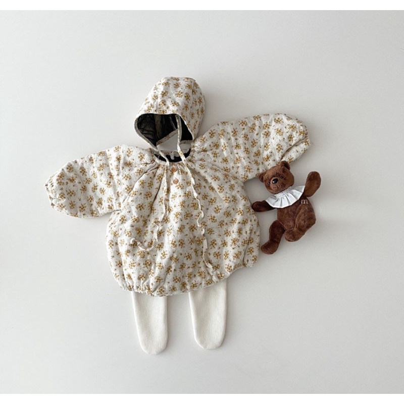 Ins Hot Sale Kids Girls Floral Thicken Romper +Hat