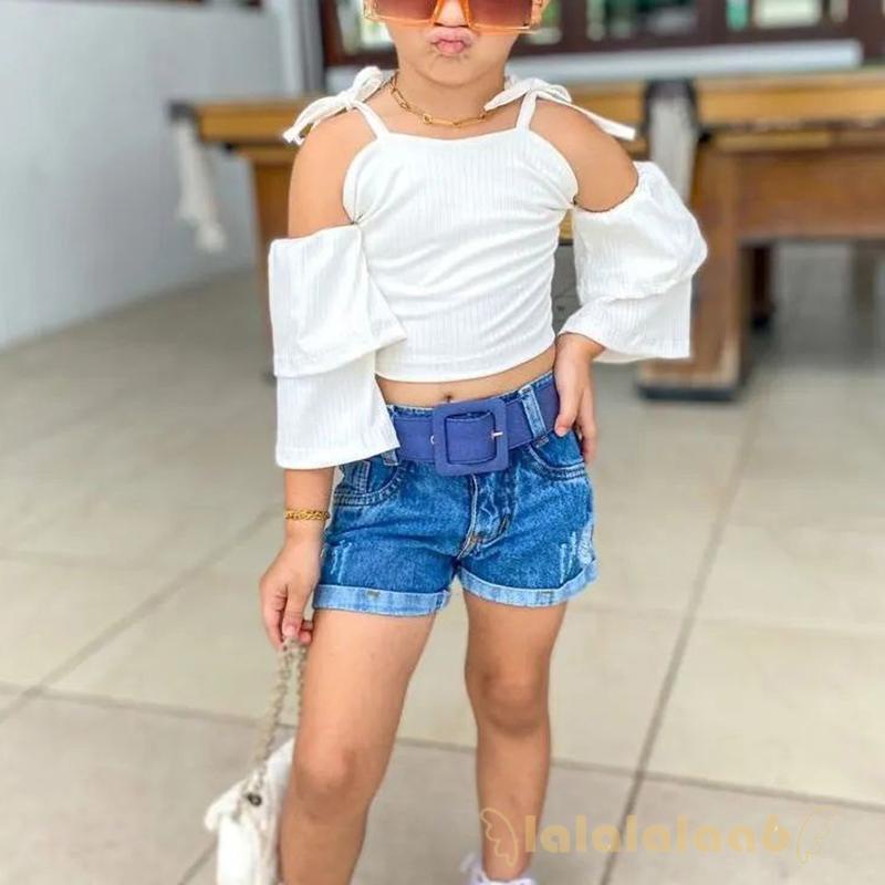 Set Áo Croptop Hai Dây + Quần Short Denim Lưng Thun Phối Rách Màu Trơn Dễ Thương Cho Bé Gái